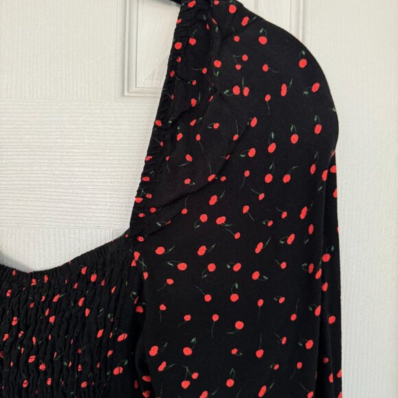 EUC, Free People Julia Cherry Print Blouse, Smocked Back, Black, Size L - Picture 13 of 14